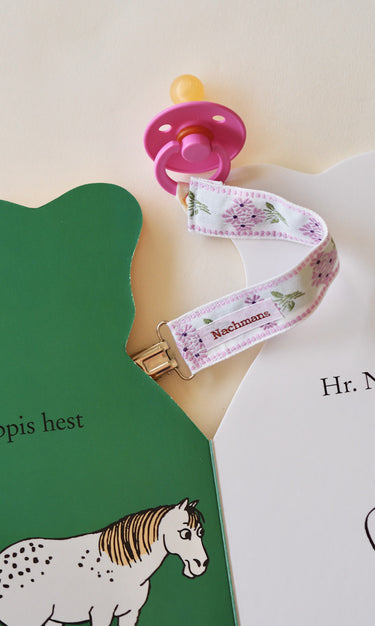 Pacifier Clip White with Light Purple Flowers